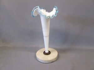 New ListingFenton Milk Glass Blue Crest Ruffled Rimmed Epergne Horn Vase on Marble Base
