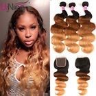 Malaysian Ombre Brown Bundles Body Wave Human Hair Weaves with Lace Closure Weft