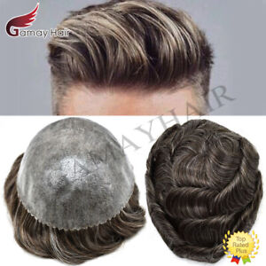 Mens Toupee Human Hair Replacement System Injection Poly Skin Hairpiece Wigs US