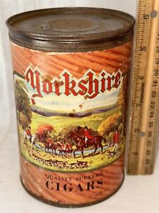 ANTIQUE YORKSHIRE CIGARS TIN HORSE FOX HUNT DOGS TOBACCO CAN SEARS ROEBUCK STORE