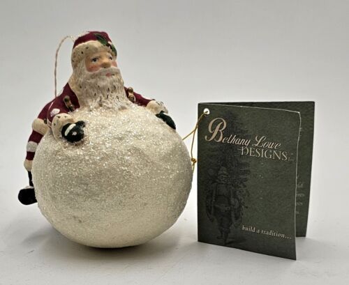 Bethany Lowe Designs Christmas Ornament Santa Riding Snowball