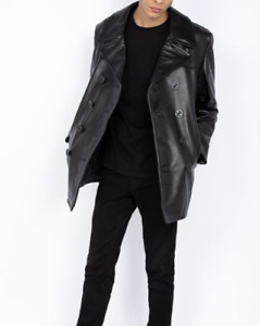 Leather Casual Lambskin Stylish Men Long Trench Coat Black Halloween Formal Pure