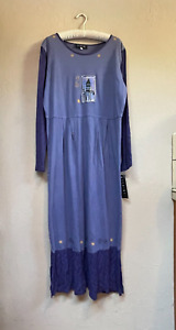 Fenini Womens Large Long Sleeve Maxi Dress Embroidered Castle Cotton Blue New