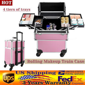 Pink Rolling Train Case Aluminum Trolley Professional Cosmetic Organizer Box New