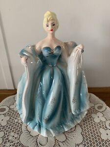 Porcelain MCM 1950’s Figurine Planter, Blonde Lady in Blue and Gold Ball Gown