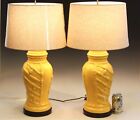 Pair Vintage Pottery Lamps Palm Beach Regency Atomic Yellow 1970s Table