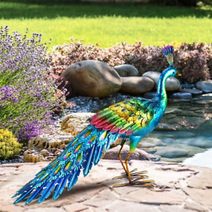 New ListingMetal Peacock Yard Art Sculpture Outdoor Decor Garden Statue Bird Large Bright
