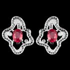 HEATED NATURAL 7X5MM RUBY BLACK SPINEL CZ WHITE GOLD PLATED SILVER 925 EARRING