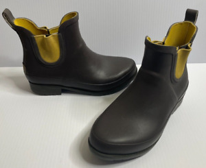 LL Bean Wellie Brown Yellow Rubber Pull On Ankle Rain Boots Womens Size 7M