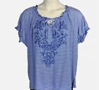 Faded Glory Women Top 3X 22W-24W Blue White Striped Ruffle Embroidered Shirt