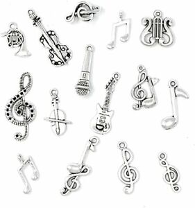 6 Music Note Charms Antique Silver  Musician Pendants Singer Findings Mix
