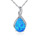 925 Sterling Silver Simulated Blue Opal Gemstone Pendant Necklace Gift For Women