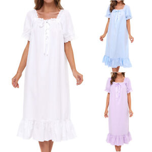 Women's Short Sleeve Victorian Nightgown Cotton Square Neck Ruffle Sleep Dress