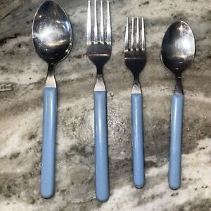 Set of 4 Stainless Baby blue Plastic Handle Flatware Silverware Thailand - Q