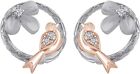 Round Natural Diamond Accent Flower W/ Bird Stud Earrings 14K White Gold Plated