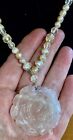 Carved Lg Rose Quartz & Real Pearl Beaded Pendant Necklace Ribbon & Chain 17