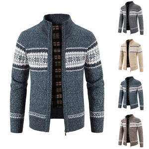 Men Zip Up Print Cardigan Collar Thick Fleece Lined Knitted Winter Jumper Coat