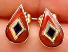14k Gold Coral Opal Sugilite Inlay Earrings & Pendant Native American Unsigned