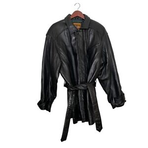 Vintage IOU Black Leather Belted Trench Coat- Men’s Size M