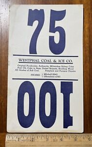 Vintage cardboard sign Westphal Coal & Ice Co coke fuel oil Milwaukee WI