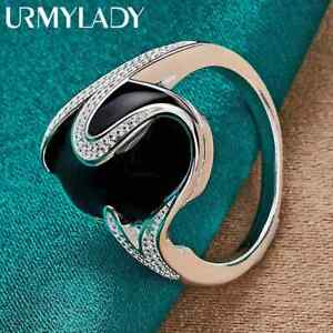 URMYLADY 925 Sterling Silver Round Obsidian 7-10# Ring For Women Fashion Jewelry