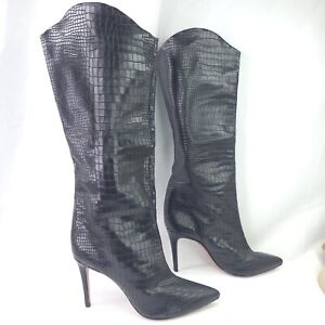 SCHUTZ Maryana Size 9.5 B Crocodile Embossed Leather Boots Black Stilletoe Heels