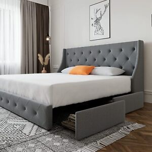 King Size Platform Bed with 4 Storage Drawers & Wingback Headboard, Light Grey
