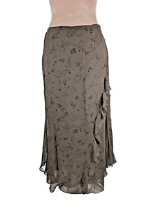 Chicos 100% Silk Brown Floral  Ruffle Maxi Skirt Size 8 10 Small