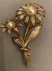 Vintage Signed SPAIN Damascene Faux Pearl Flower Floral Brooch Pin