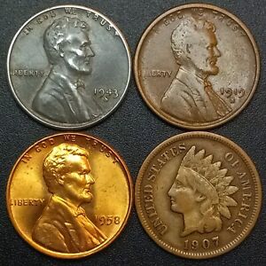 US COINS- Indian Head Penny, WW2 Steel Cent, Lincoln Wheat Cent Set- NO JUNK LOT