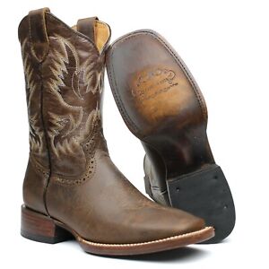 Men's Brown Genuine Leather Western Cowboy Boots Rodeo Square Toe Botas Vaqueras
