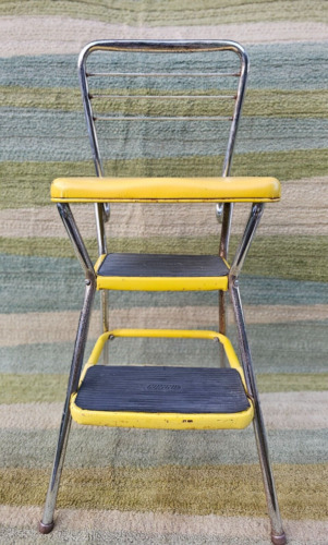 COSCO Vintage Stylaire Yellow Metal Fold Out Step Stool Chair Chrome Legs