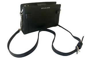 Michael Kors Small Black Leather Crossbody Bag w/ Silver Chain Strap