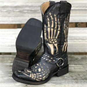 Mens Embroidered Cowboy Boots Western Shoes Skull Pattern Square Head Casual