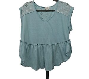Umgee Babydoll Scoop Neck Ruffle Tiered Top Womens Size L Blue