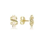 14K Solid Yellow Gold Dollar Sign Stud Earrings - $ Money Dia Cut Women Men