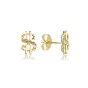 10K Solid Yellow Gold Dollar Sign Stud Earrings - $ Money Dia Cut Women Men
