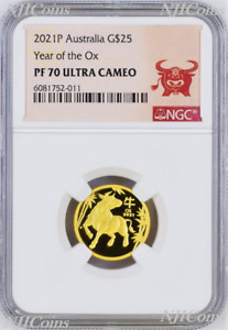 2021 P Australia PROOF GOLD $25 Lunar Year of the Ox NGC PF70 1/4 oz Coin