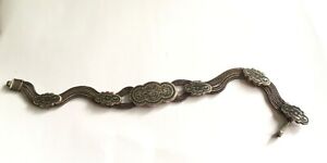 Russian Niello 900 Silver Bracelet, Multi Foxtail ChaIns Oval Scalloped Slides
