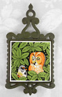 Vtg Enesco Ceramic Tile Trivet Cast Iron Handle Frame Owl & Bird 10