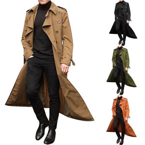 Men's Double Breasted Trench Coat Fashion Solid Casual Long Jacket with Belt
