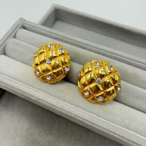 Genuine Chanel Earrings Vintage Matelasse Gold Stone Rare Japan 412 80