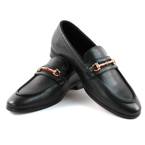 Men's Black Leather Slip On Gold Buckle Dress Shoes Loafers Formal By AZARMAN