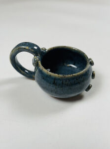 Art Pottery tea mug cup candle holder Blue Speckled initialed Pretty!