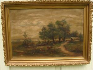 Antique 19th Century Landscape Country Farm Oil Painting Gold Frame 15X21 inches