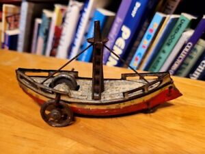 1910's or 1920's FISCHER TIN LITHO  GYRO OPERATED SAILING SHIP TIN PENNY TOY