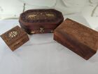 Jewelry Trinket Carved Wood Box Vintage Floral Elephant Inlay Hinged Lot of 3