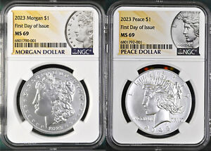 2 coin set 2023 morgan and peace silver dollar ngc ms 69 first day in hand