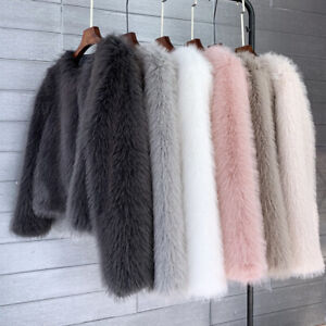 Womens Korean Fashion Solid Color Faux Fur Round Neck Jacket Winter Warm Outwear
