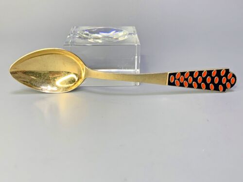 Mid century Estonian Gold-Plated Sterling Silver Tea Spoon Black Coral Enamel
